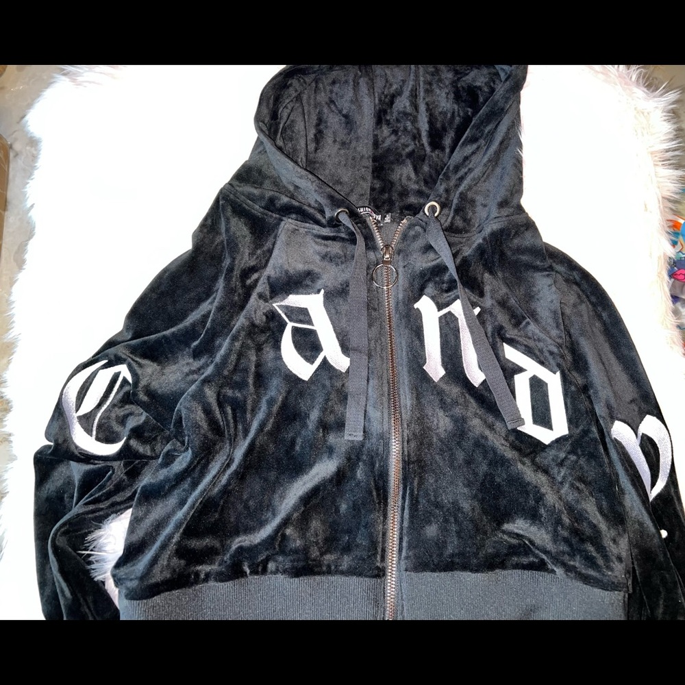 CANDY Embroidered Black Velour Crop Jacket Fashion Nova